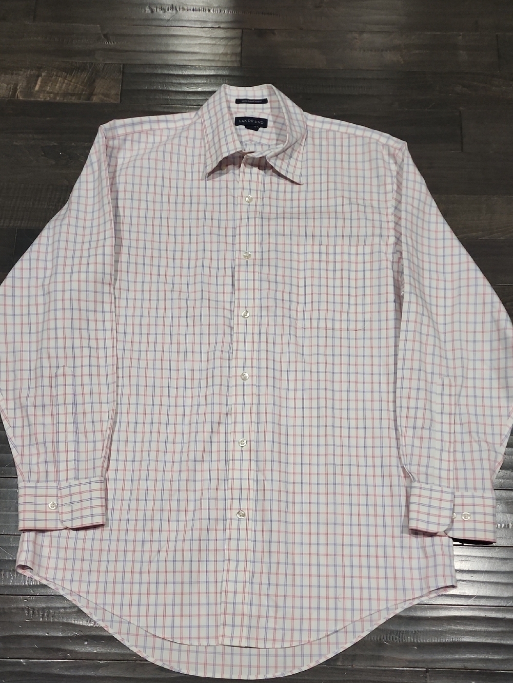 Lands' End Men's Pink and Blue Windowpane Dress Shirt